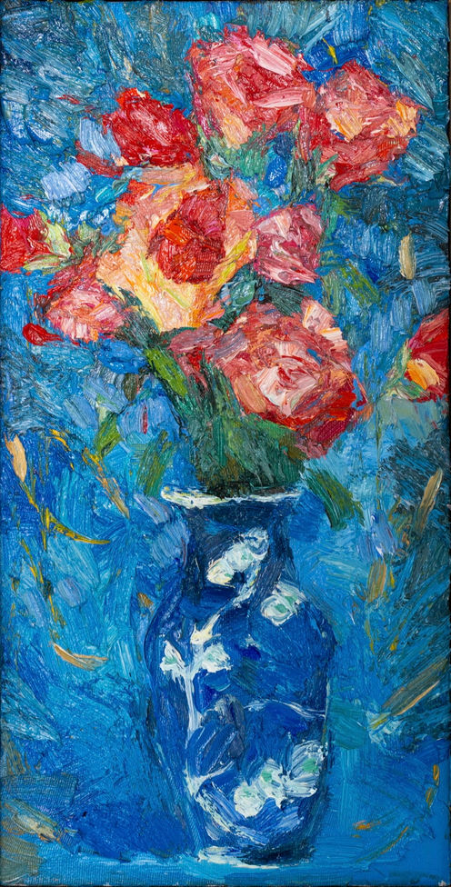"Roses on Blue" by Doina Mindrean - oil on canvas, artist framed
