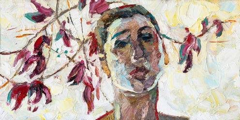 "Self-Portrait with Flowers" by Doina Mindrean - oil on canvas, artist framed